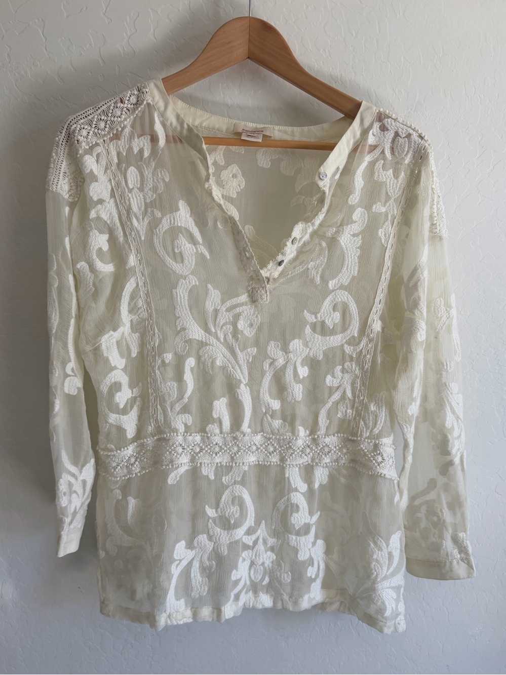 Sundance Cream Embroidered Sheer Lace Henley Blouse XS